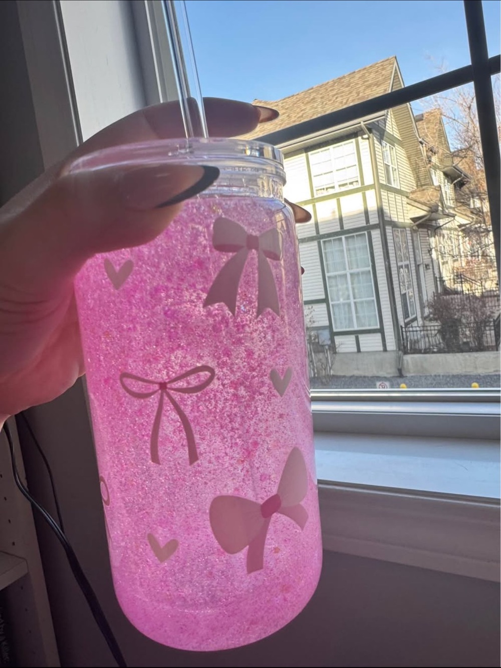 Pink Bow Glitter Snowglobe Tumbler with Straw - Home